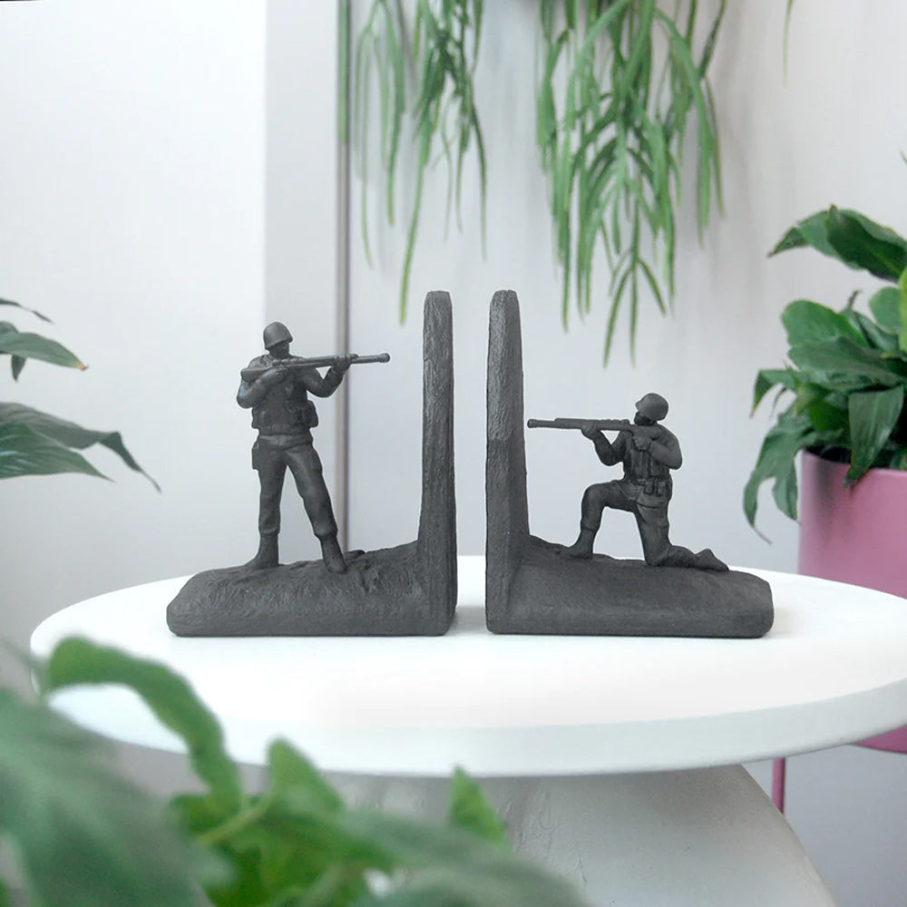 2pc White Moose 28x16cm Resin Soldier Bookend Set - Black