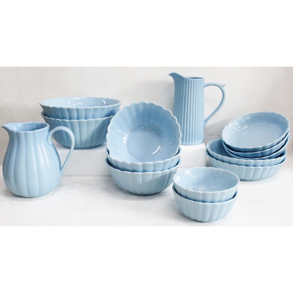 LVD Belle Bayleaf Ribbed Ceramic 20.5cm Jug Pitcher Container - Blue