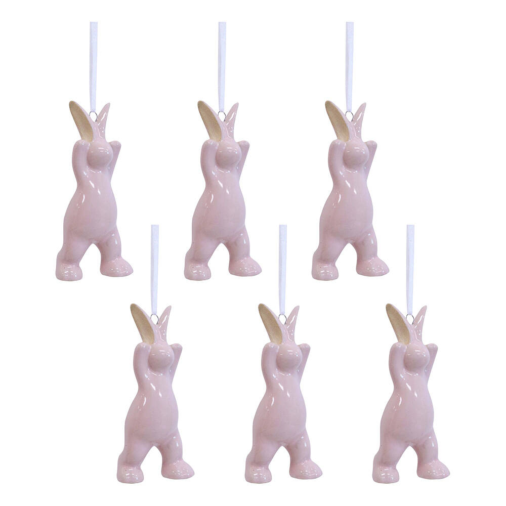 6PK LVD Hanging Bunny Ceramic Ornament Home Decor Pink 10.5cm