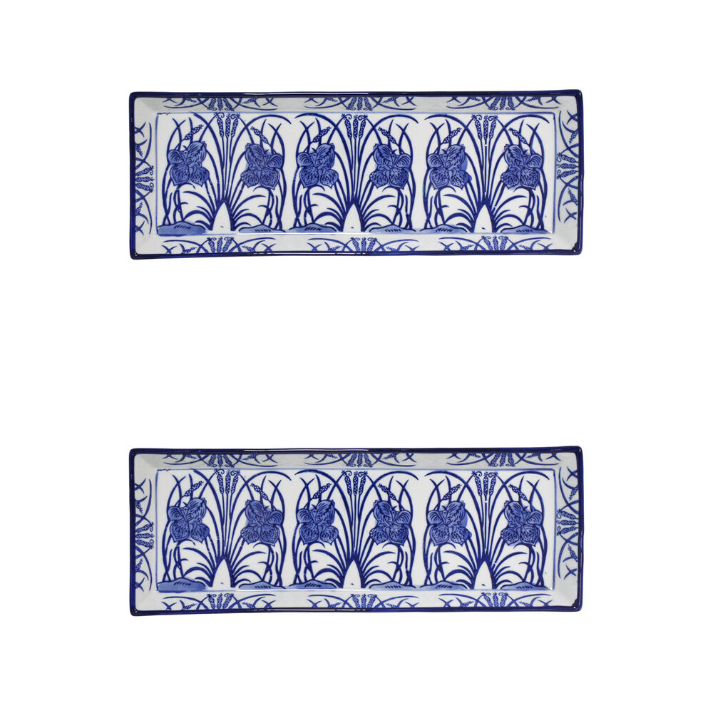 2PK LVD Porcelain Rectangular Plate Trinket Display Tray 35x13cm Iris/Rush