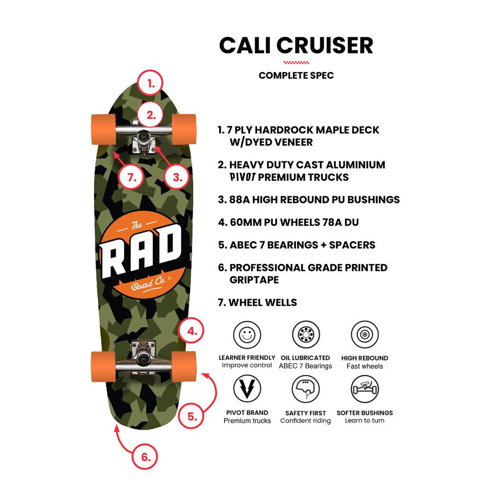 Rad Board Co Complete Skateboard Cali Cruiser Stripe Black/White 9.125in