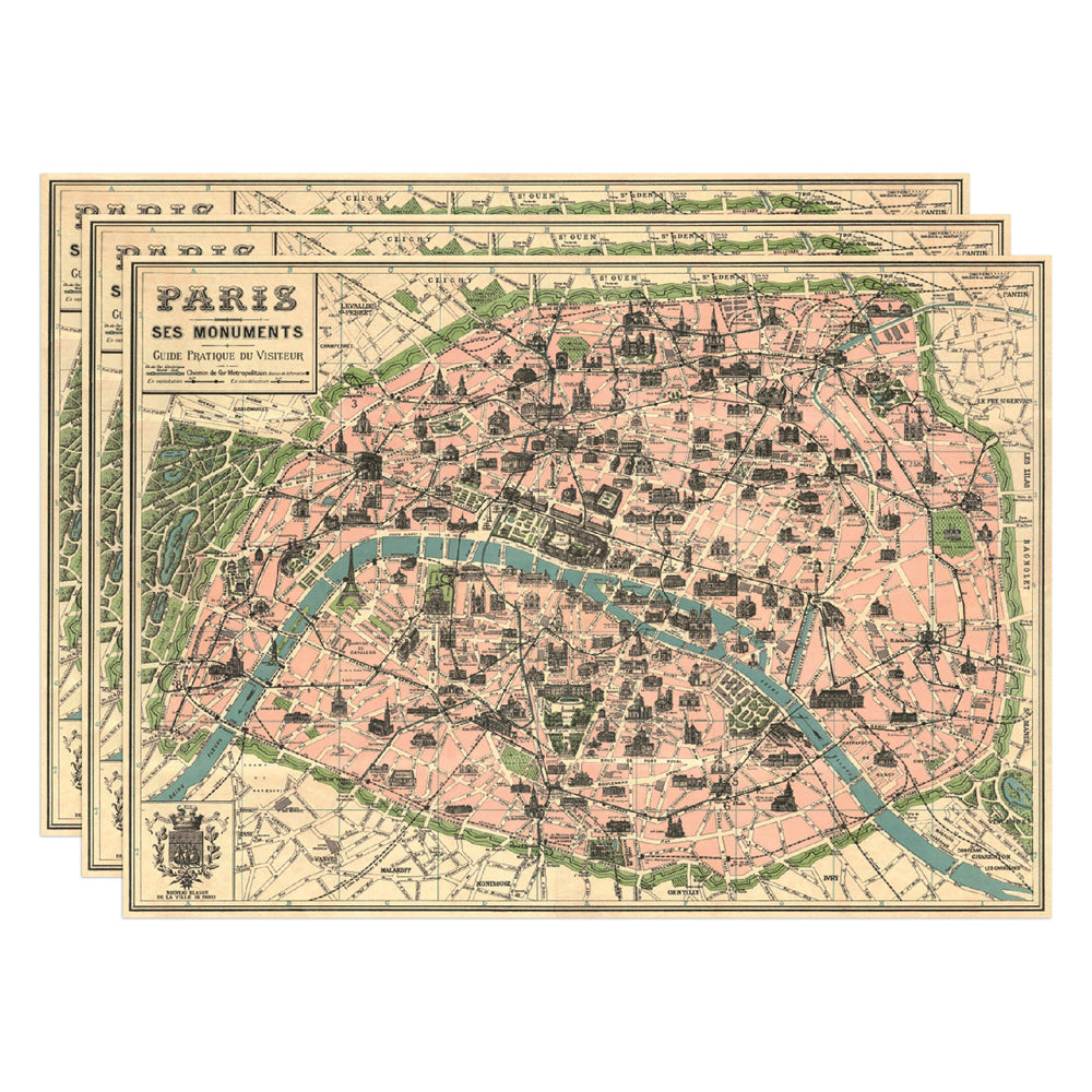 3PK Cavallini Paper Poster Prints/Gift Wrap 70x50cm - Map Paris