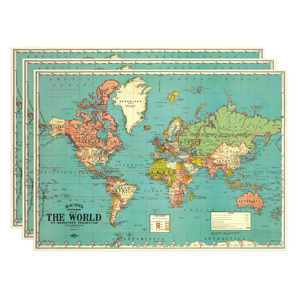 3PK Cavallini Paper Poster Prints/Gift Wrap 70x50cm - Map World 4