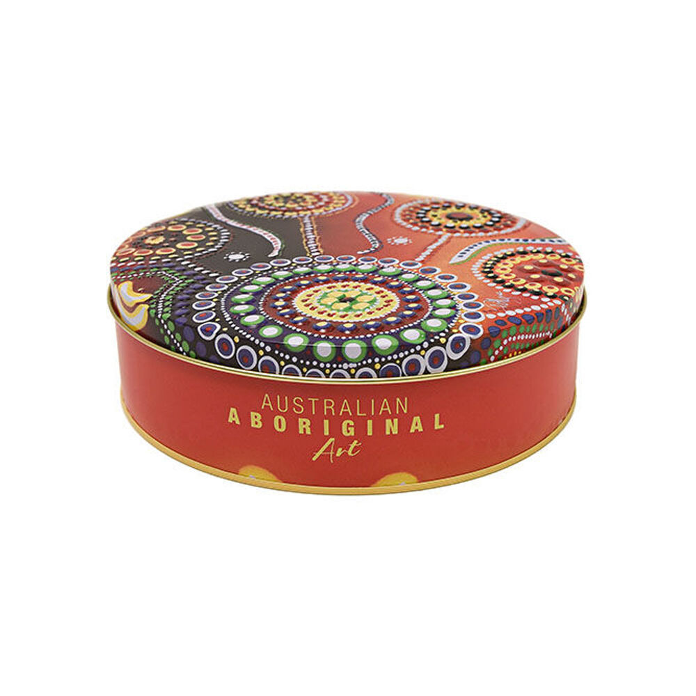 2PK Banksia Red Decorative Tin Aboriginal Unity Art w/Handmade Caramel Fudge 200g