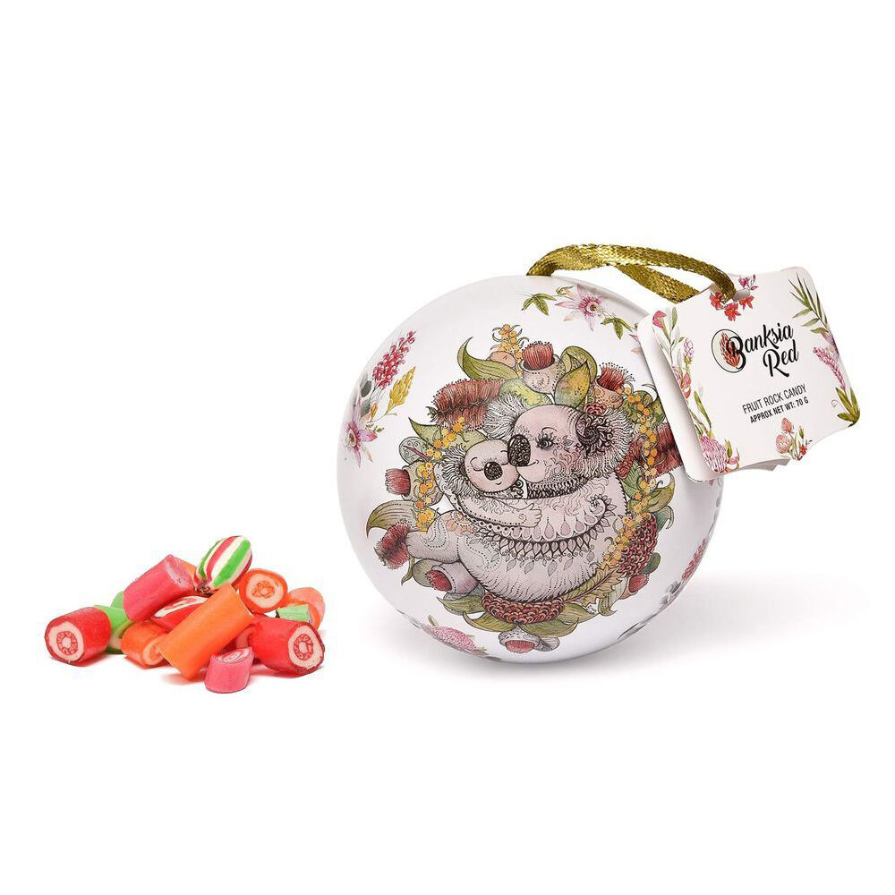 Banksia Red Kangaroo/Koala Christmas Bauble Tins w/Fruit Rock Candy 70g Assorted