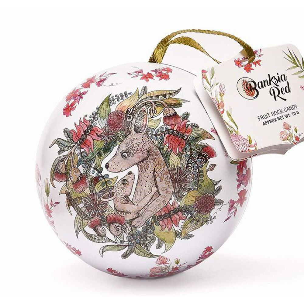 2PK Banksia Red Kangaroo/Koala Christmas Bauble Tins w/Fruit Rock Candy 70g Assorted