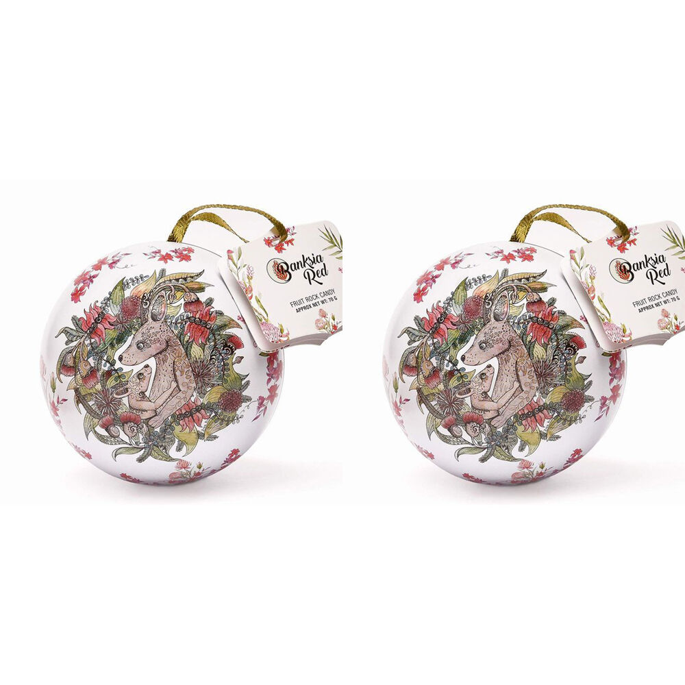 2PK Banksia Red Kangaroo/Koala Christmas Bauble Tins w/Fruit Rock Candy 70g Assorted