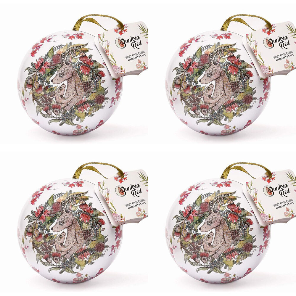 4PK Banksia Red Kangaroo/Koala Christmas Bauble Tins w/Fruit Rock Candy 70g Assorted