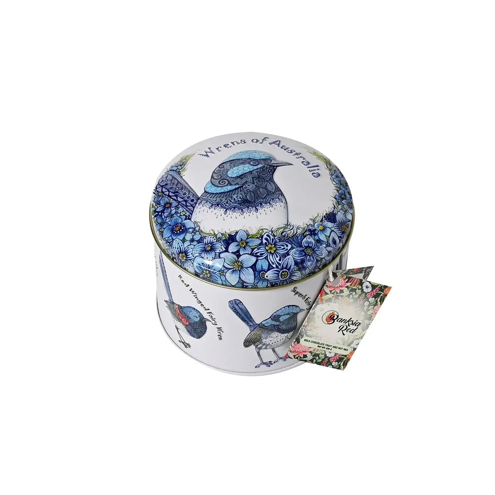Banksia Red Wrens of Australia Tin w/Milk Chocolate Coated Fruit & Nut Mix 200g
