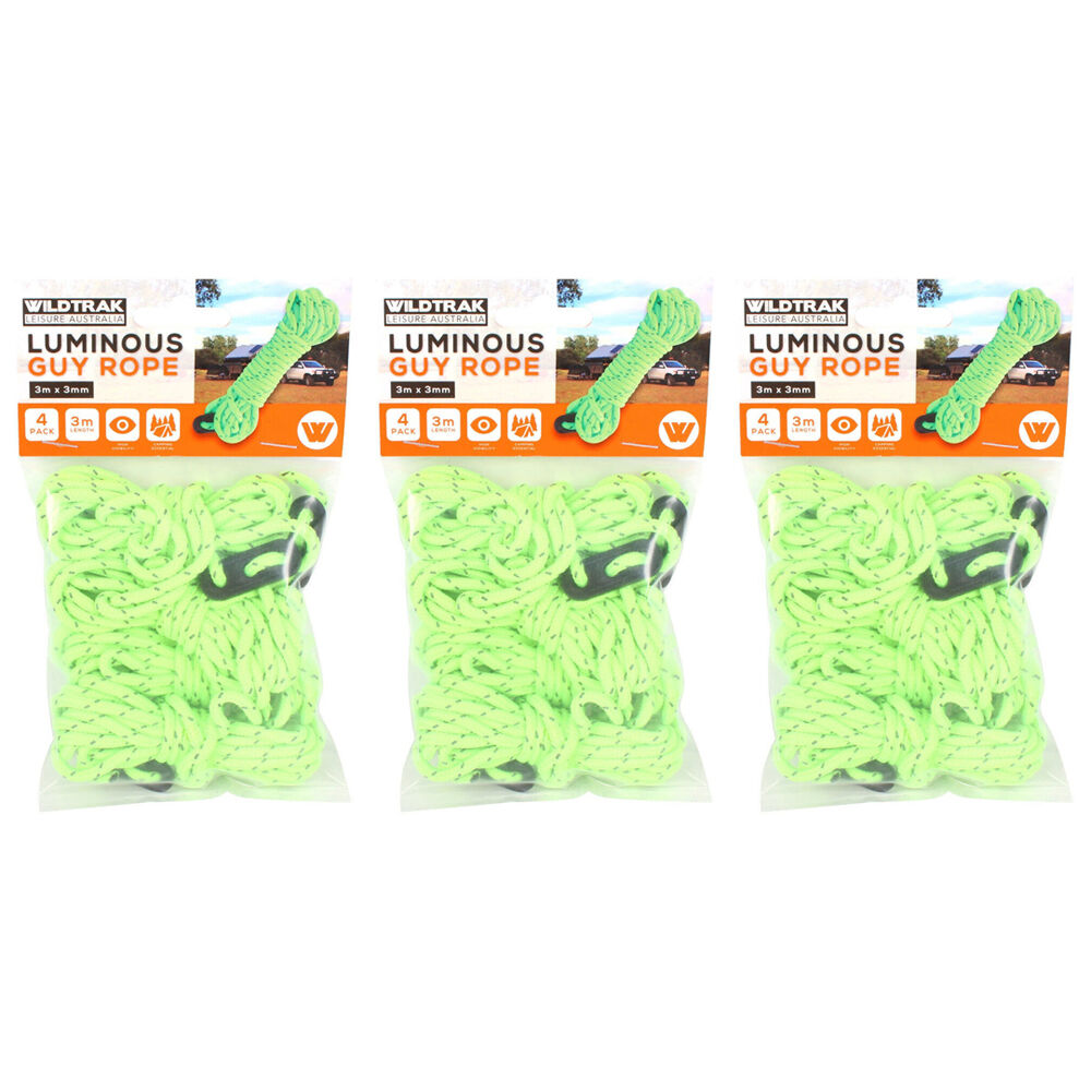 3x 4pc Wildtrak Glow In The Dark Camping Tent Guy Ropes Cordage Tracer 3m