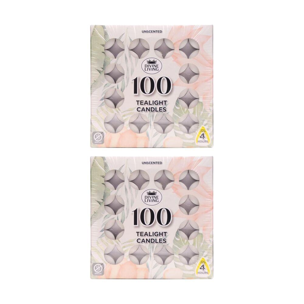 2x 100pc Divine Living Unscented Tealights Candles 4 Hours Burn Time 18.8x18.8cm