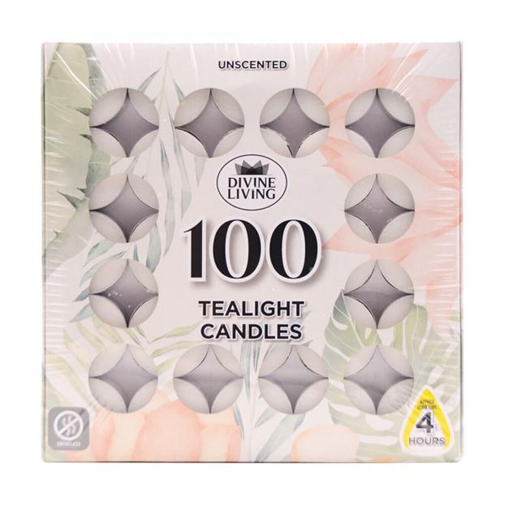 2x 100pc Divine Living Unscented Tealights Candles 4 Hours Burn Time 18.8x18.8cm