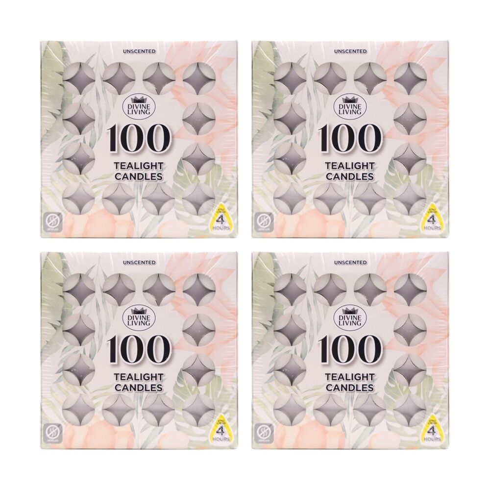 4x 100pc Divine Living Unscented Tealights Candles 4 Hours Burn Time 18.8x18.8cm