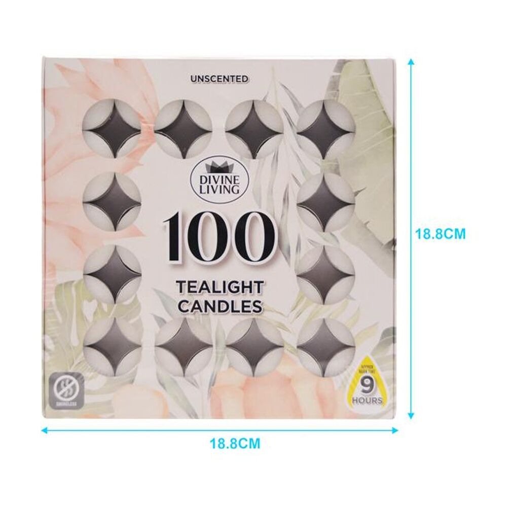 100pc Divine Living Unscented Tealights Candles 9 Hours Burn Time 18.8x18.8cm
