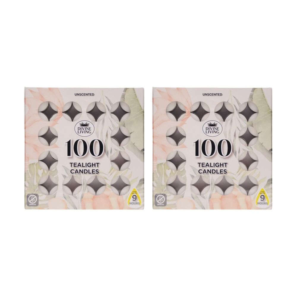 2x 100pc Divine Living Unscented Tealights Candles 9 Hours Burn Time 18.8x18.8cm
