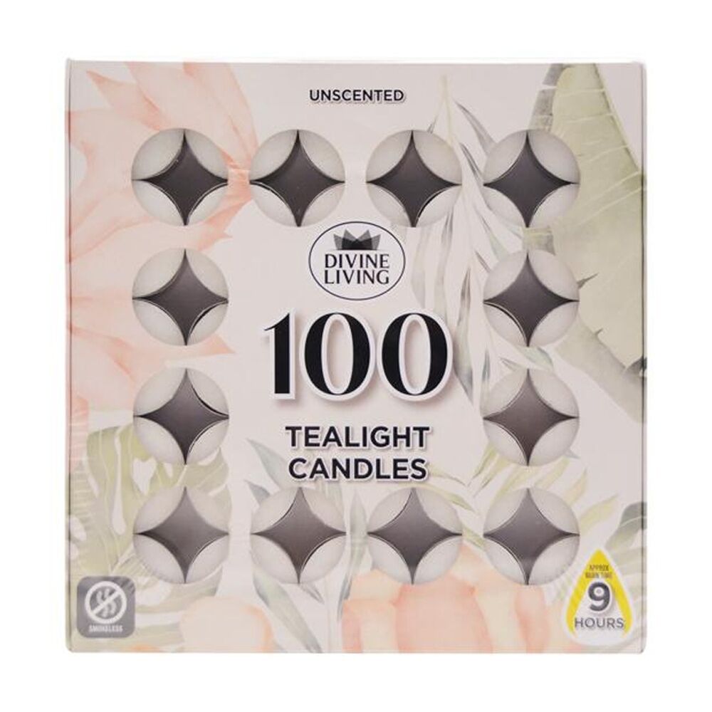 2x 100pc Divine Living Unscented Tealights Candles 9 Hours Burn Time 18.8x18.8cm
