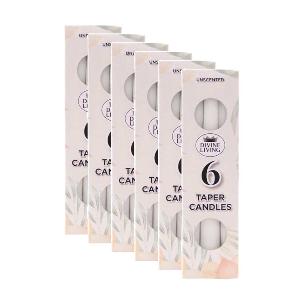 6x 4pc Divine Living Unscented Dinner Table Taper Candles 20cm White
