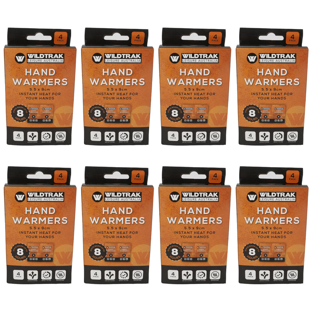 8x 4pc Wildtrak Instant Heat Hand Warmers Odourless 5.5x9cm