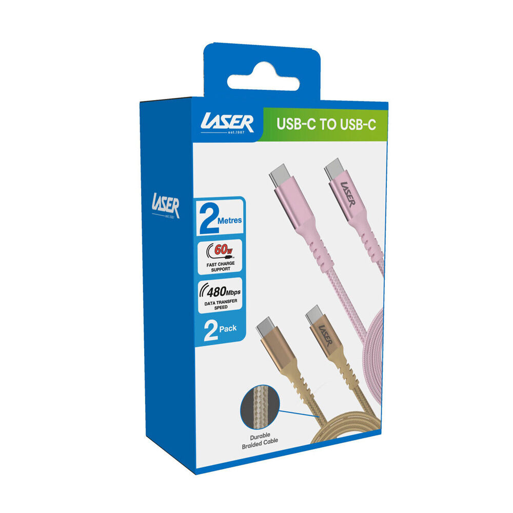 2pc Laser 2m USB-C to C 60W Charging Cable for Samsung & iPhone 16 Gold/Pink