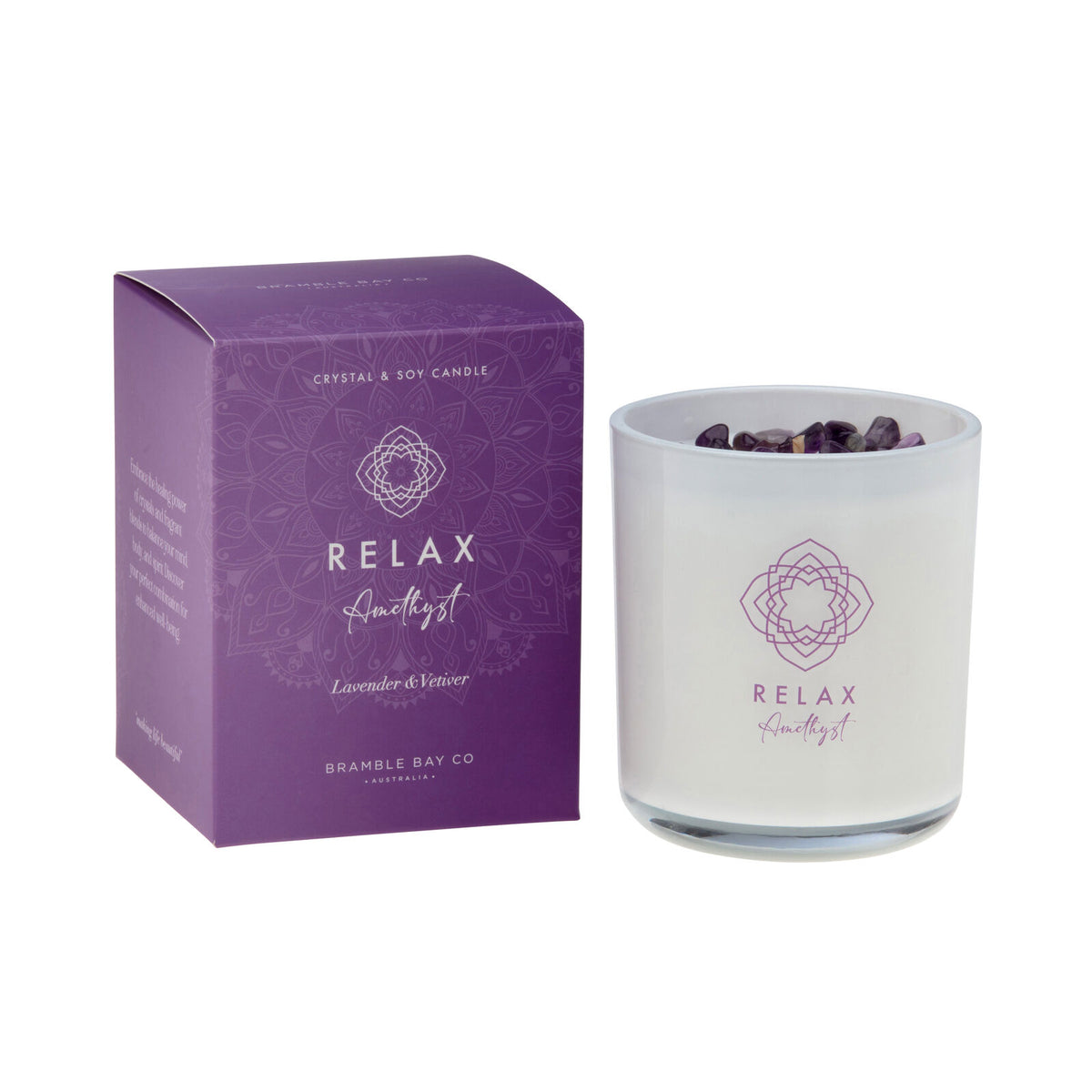 2PK Bramble Bay Crystal Boho Amethyst Relax Candle Lavender & Vetiver 300g