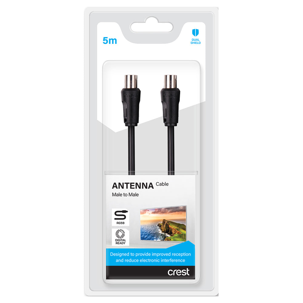 2PK Crest 5m Dual Shield Male TV Antenna Cable - Black