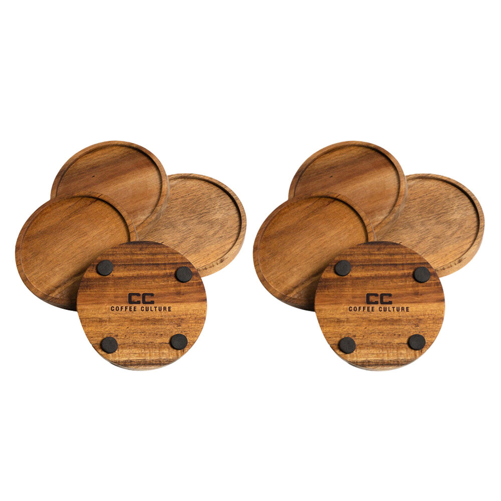 2x 4pc Coffee Culture Acacia Coasters Round 13cm - Brown