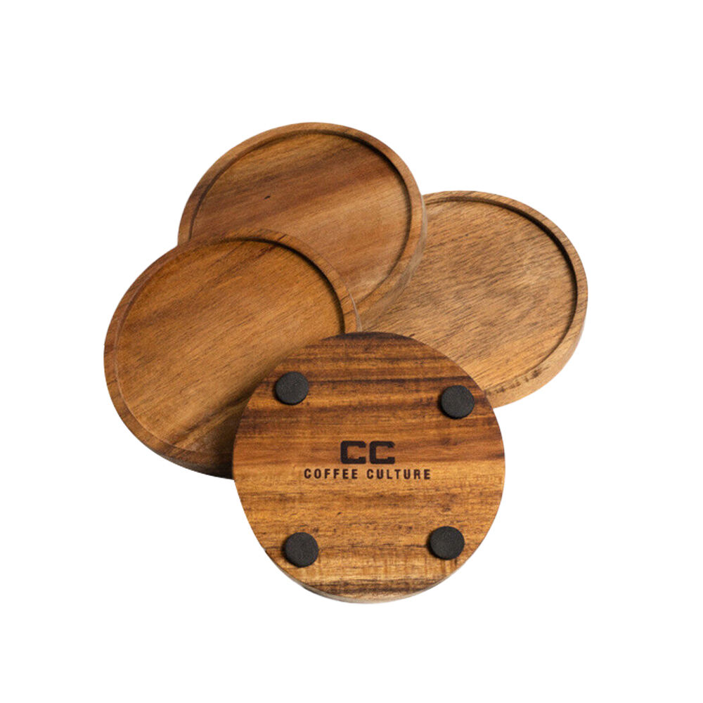 2x 4pc Coffee Culture Acacia Coasters Round 13cm - Brown