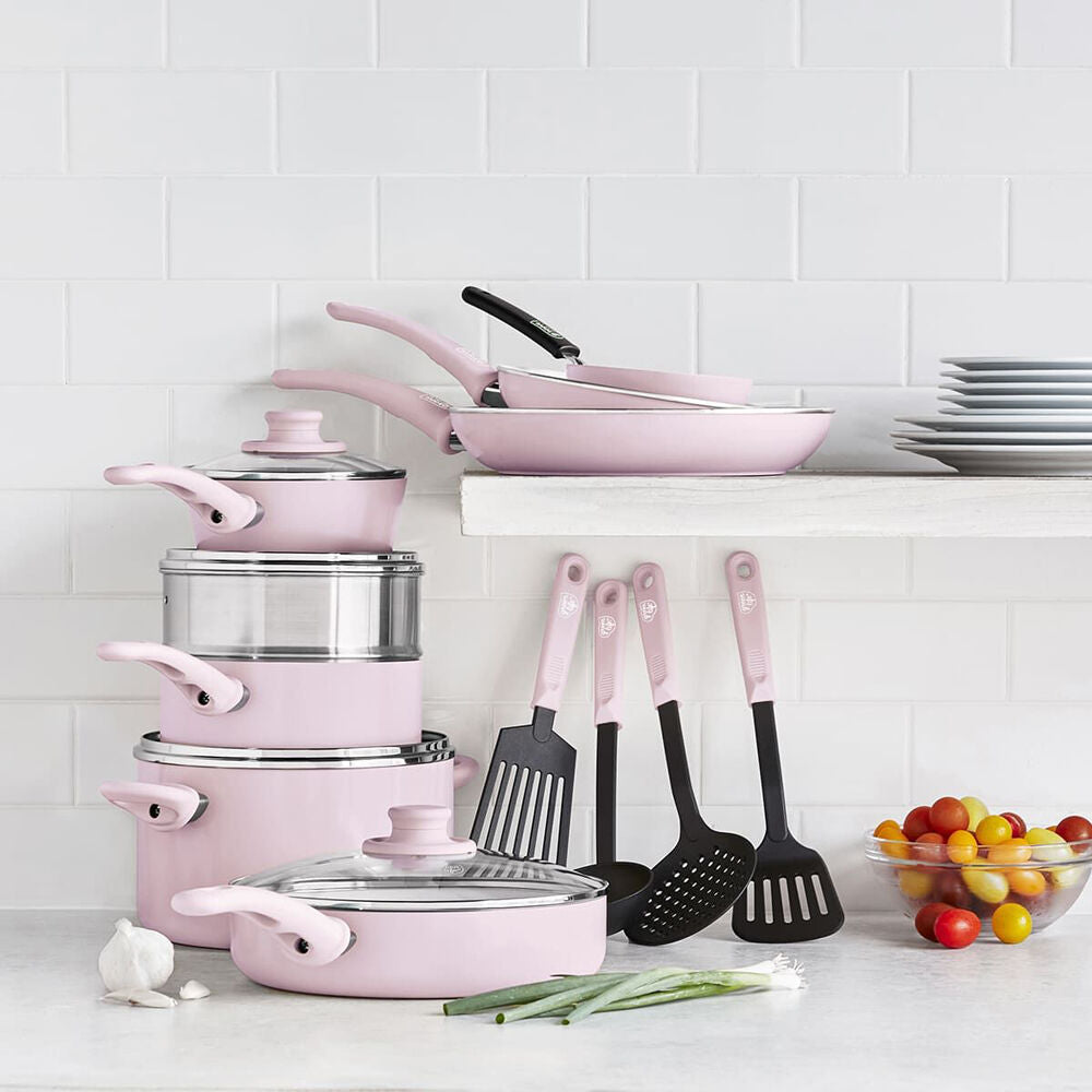 16pc Greenlife Soft Grip Aluminium Cookware Set - Quartz Pink