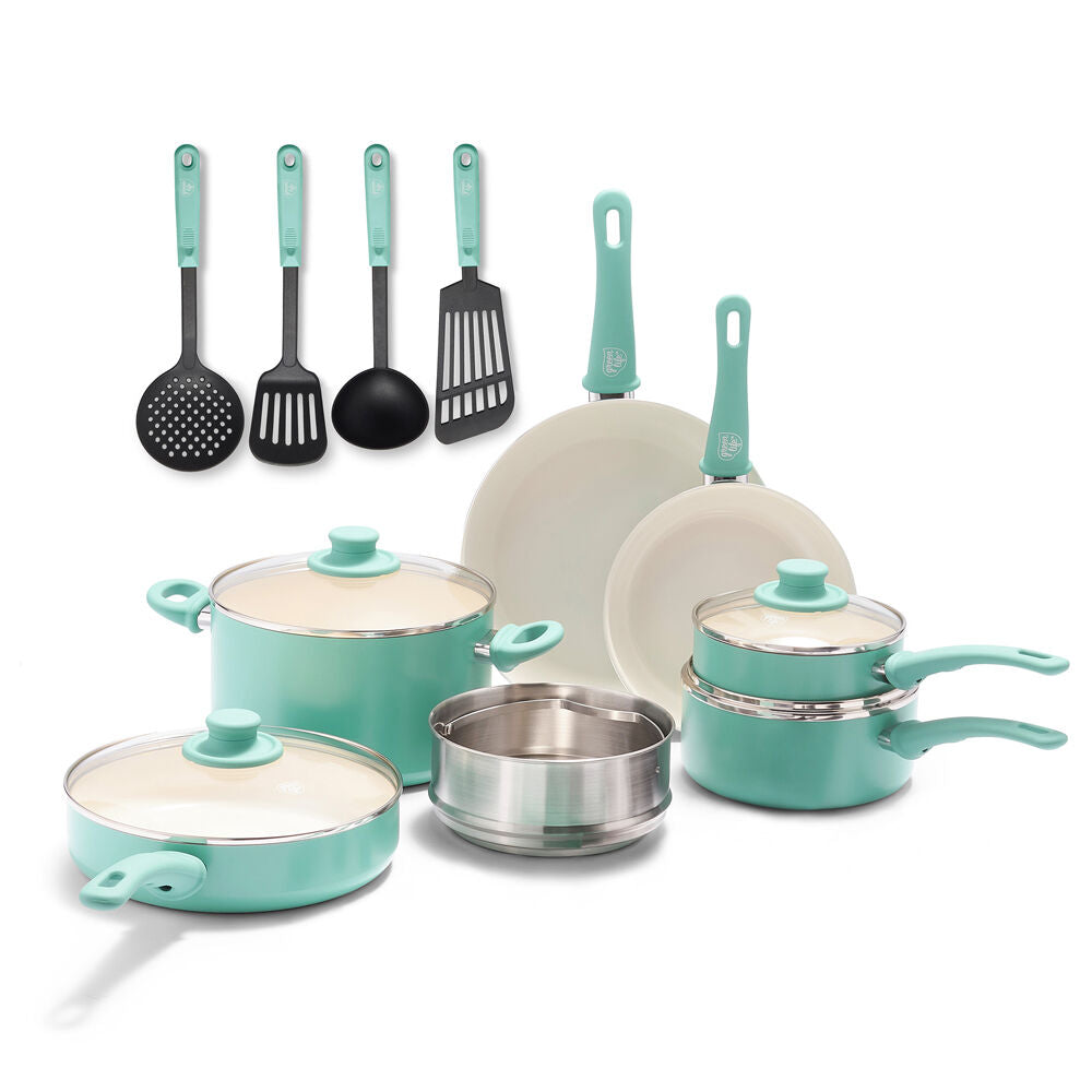 15pc Greenlife Aluminium Soft Grip Induction Cookware Set Turquoise