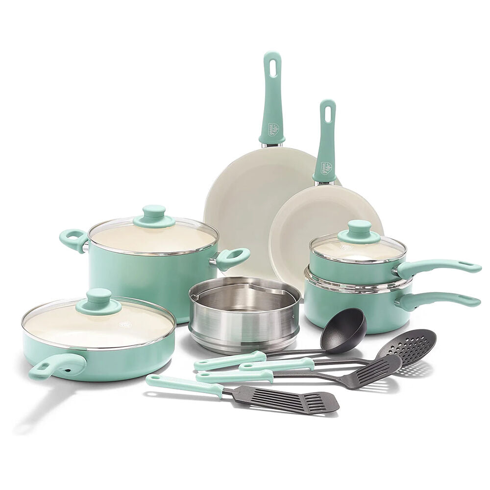 15pc Greenlife Aluminium Soft Grip Induction Cookware Set Turquoise