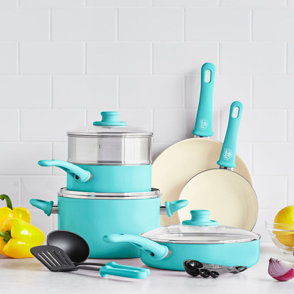 12pc Greenlife Aluminium Soft Grip Cookware Set Turquoise