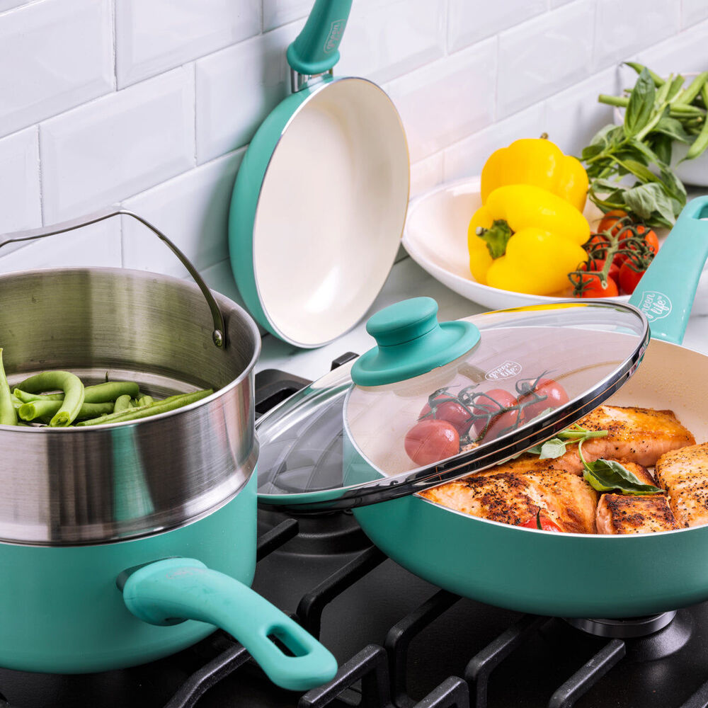 12pc Greenlife Aluminium Soft Grip Cookware Set Turquoise