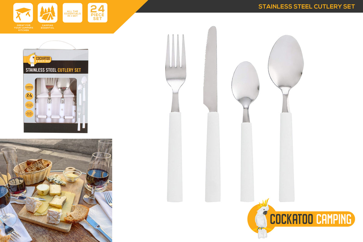 24pc Cockatoo Camping Stainless Steel Cutlery Set w/ Bag - White/Silver