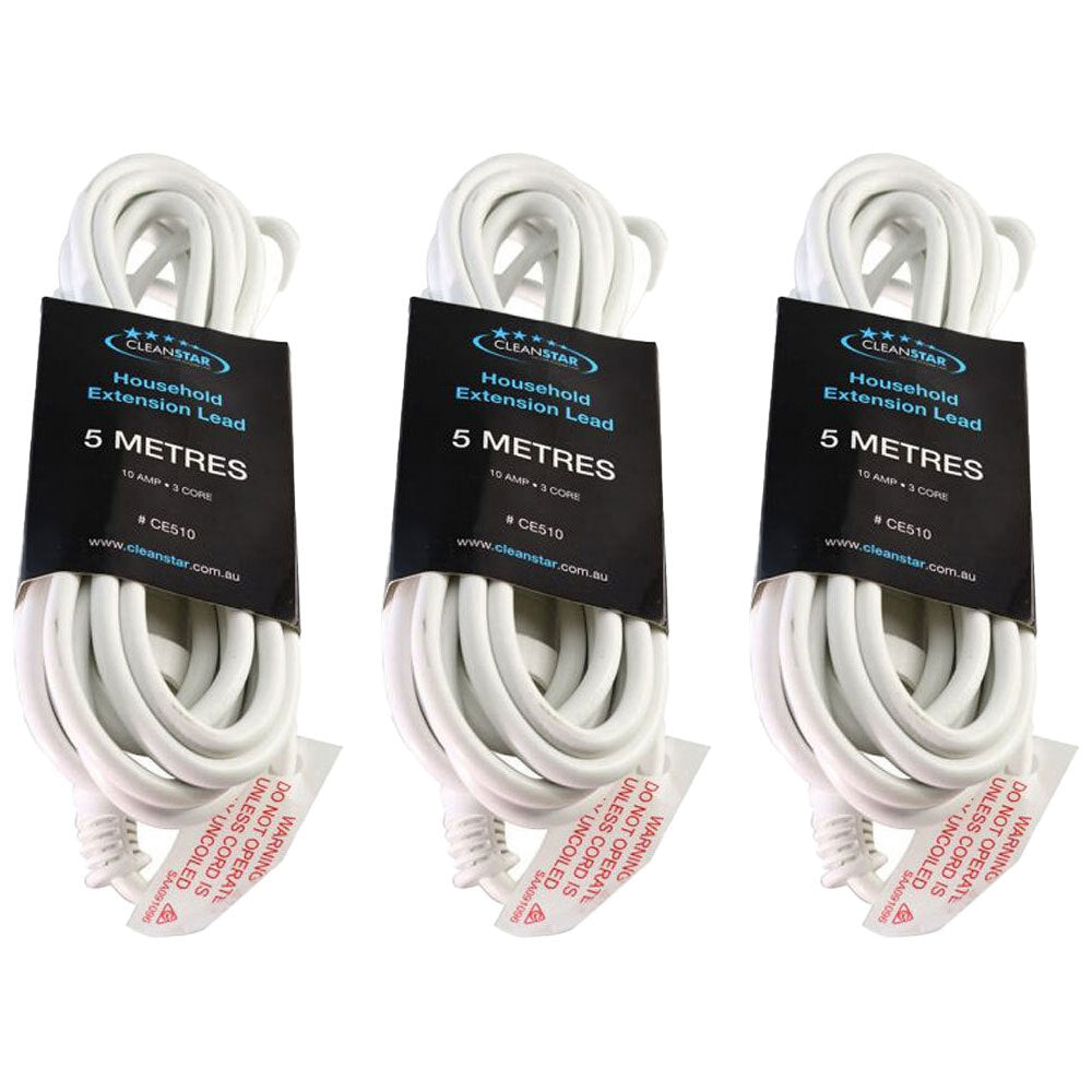 3PK Cleanstar 5m Household Indoor Extension Lead - White