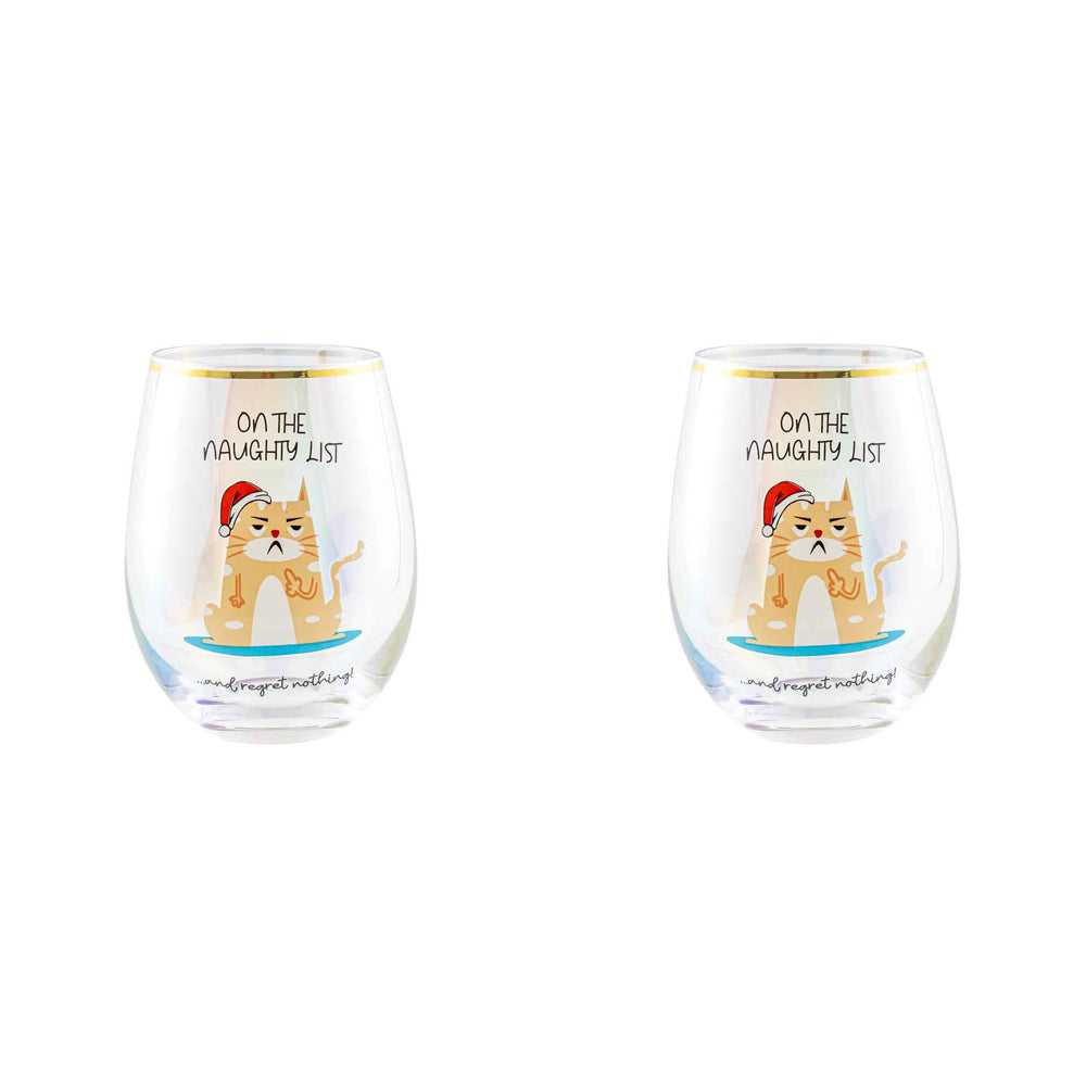 2PK Novelty Christmas On The Naughty List And 600ml Stemless Wine Glass