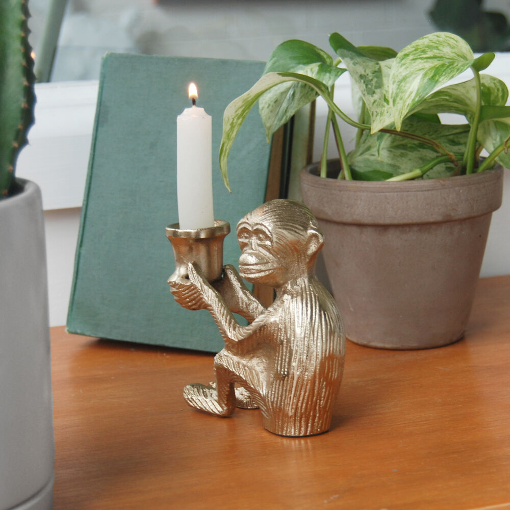 White Moose Monkey Home Decor Metal Candle Holder 13x12x5cm Gold