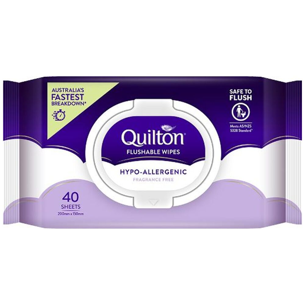 12x 40pc Quilton Flushable Wet Wipes Hypo-Allergenic Fragrance Free 20x15cm