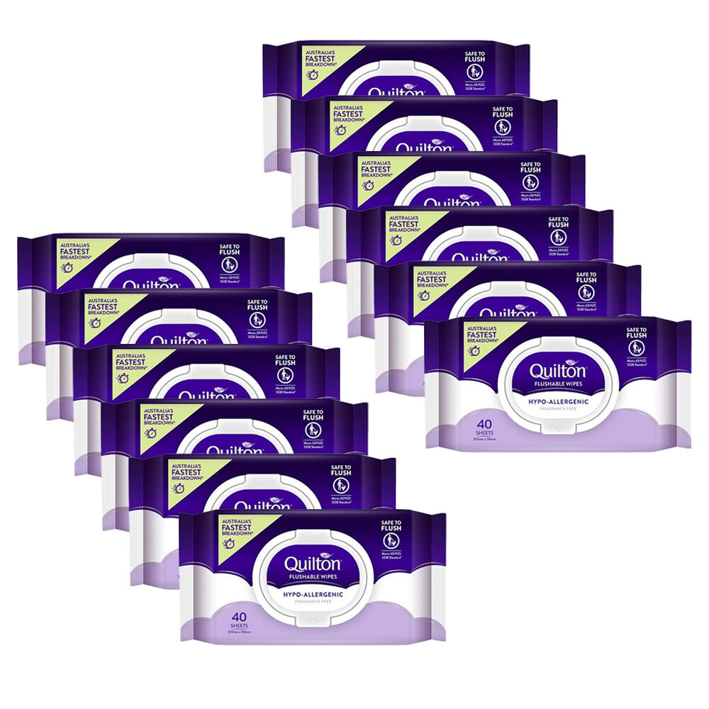 12x 40pc Quilton Flushable Wet Wipes Hypo-Allergenic Fragrance Free 20x15cm