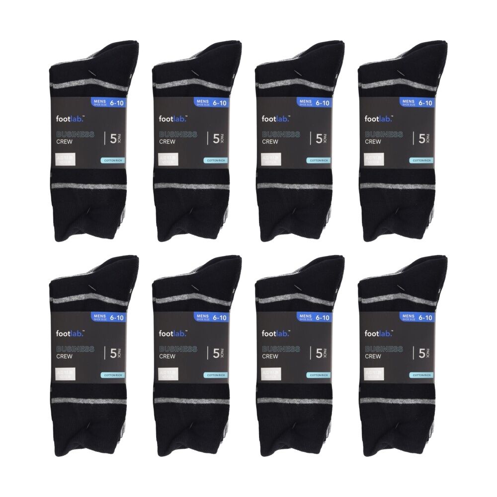 8x 5PK Footlab Mens Business Crew Socks Size 6-10 Cotton Rich Black W/ Stripe