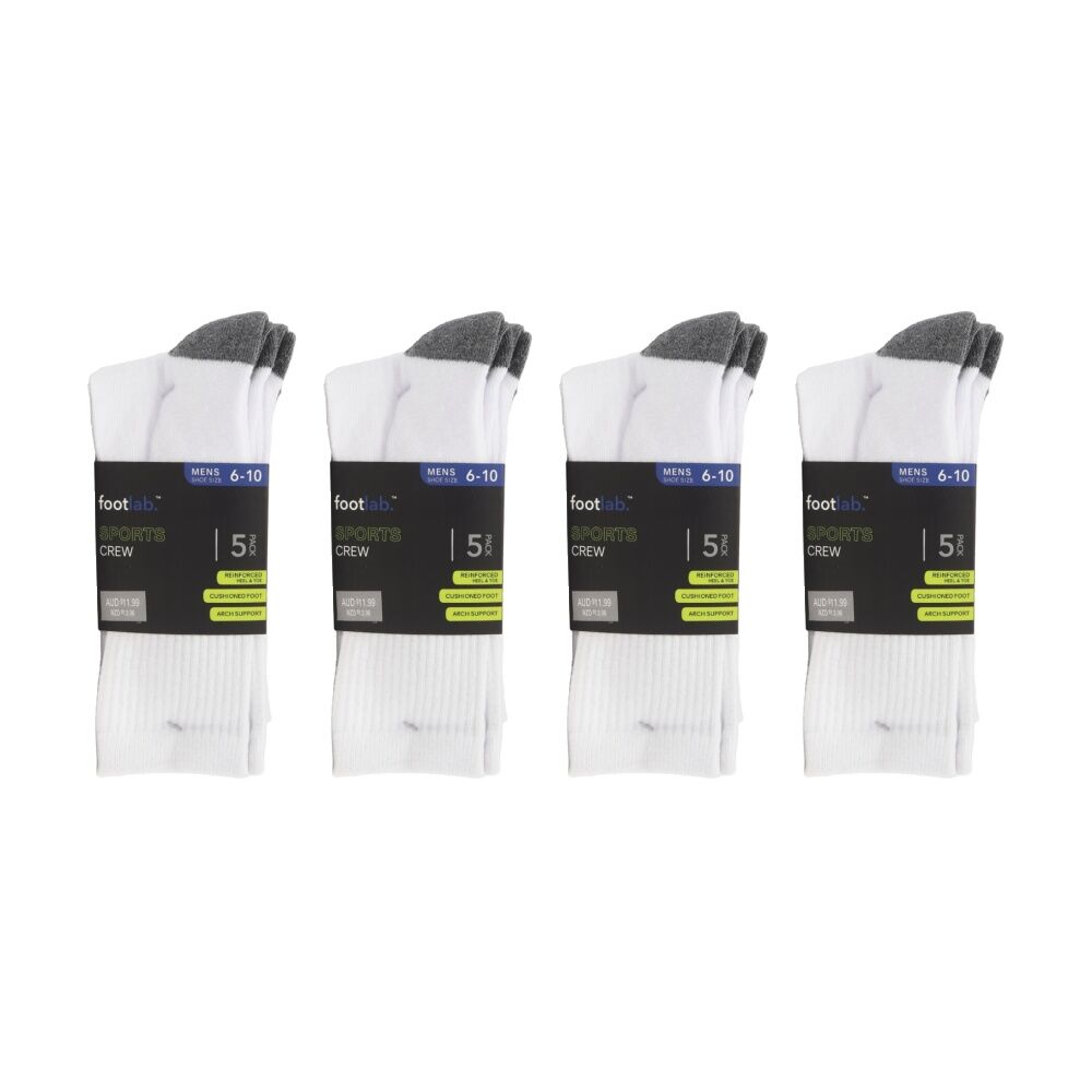 4x 5PK Footlab Men's Socks Sports Crew W/ Arch Support Shoe Size 6-10 White