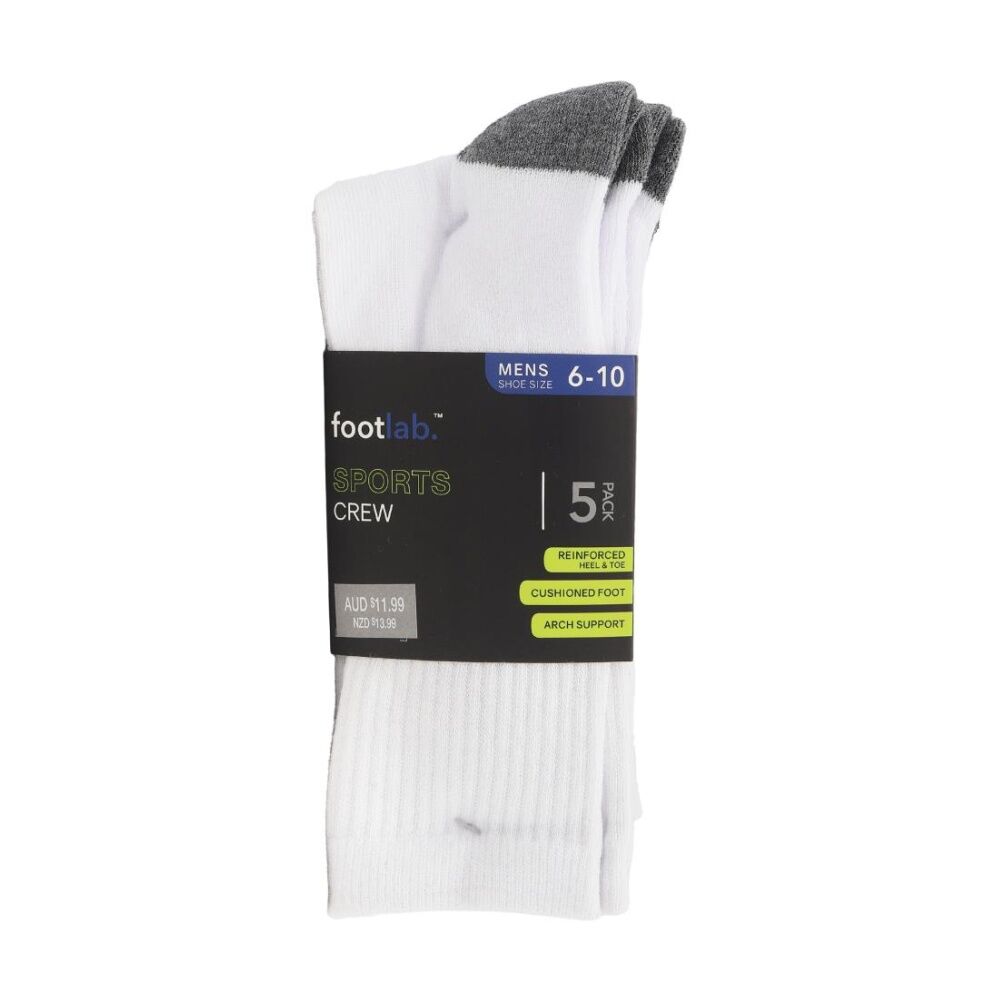 4x 5PK Footlab Men's Socks Sports Crew W/ Arch Support Shoe Size 6-10 White