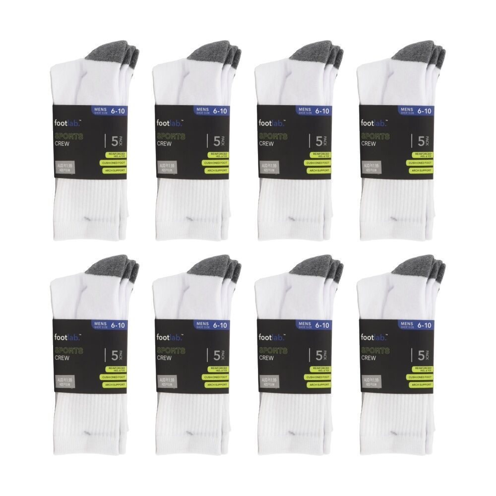 8x 5PK Footlab Men's Socks Sports Crew W/ Arch Support Shoe Size 6-10 White