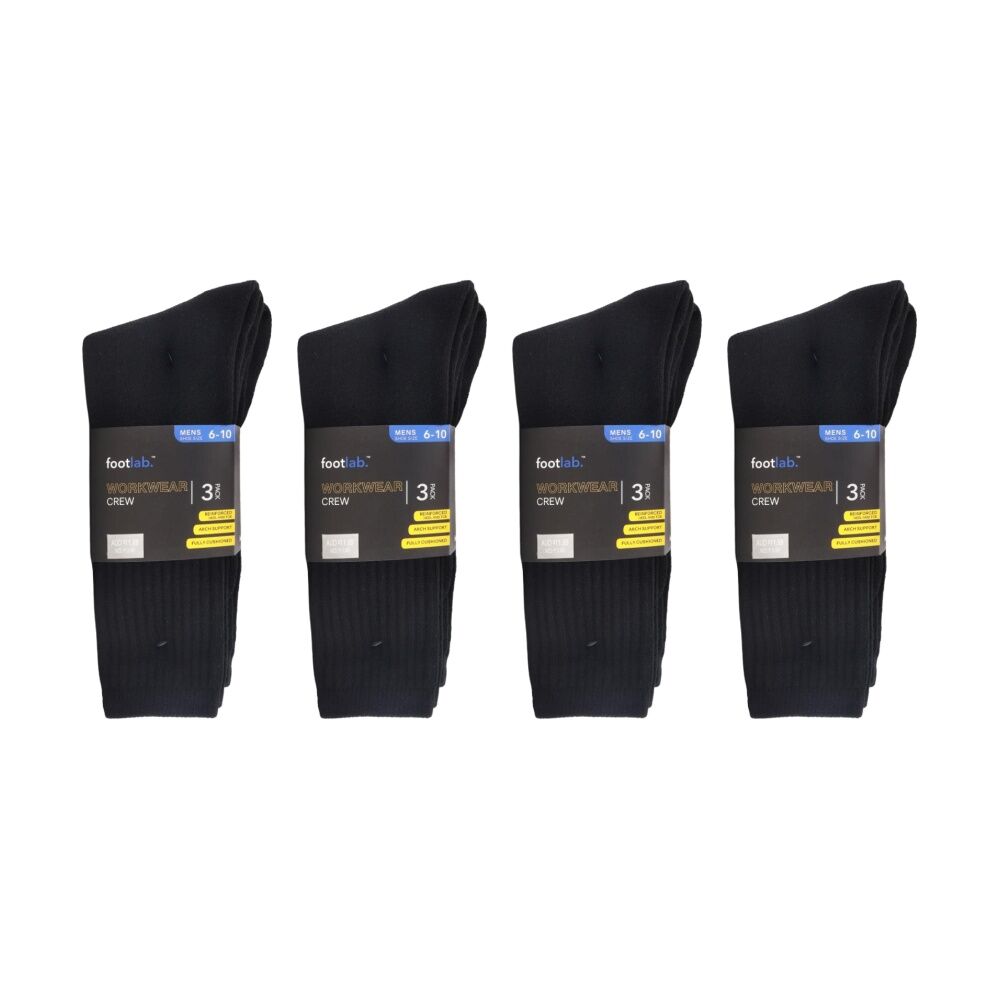 4x 3PK Footlab Mens Comfy Workwear Crew Socks Shoe Size 6-10 Black