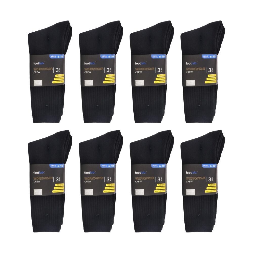 8x 3PK Footlab Mens Comfy Workwear Crew Socks Shoe Size 6-10 Black