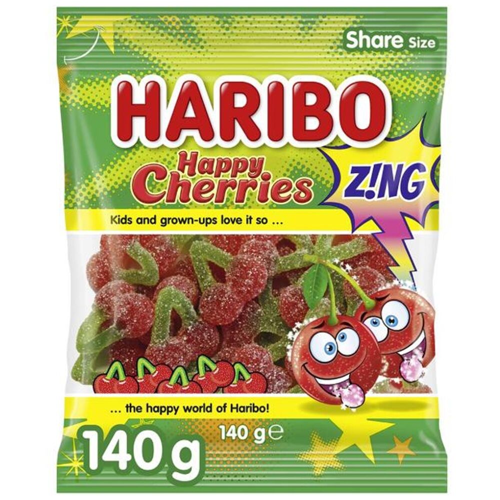 14PK Haribo Happycherries Sour 140g Fruit Flavour Lollies/Gummies