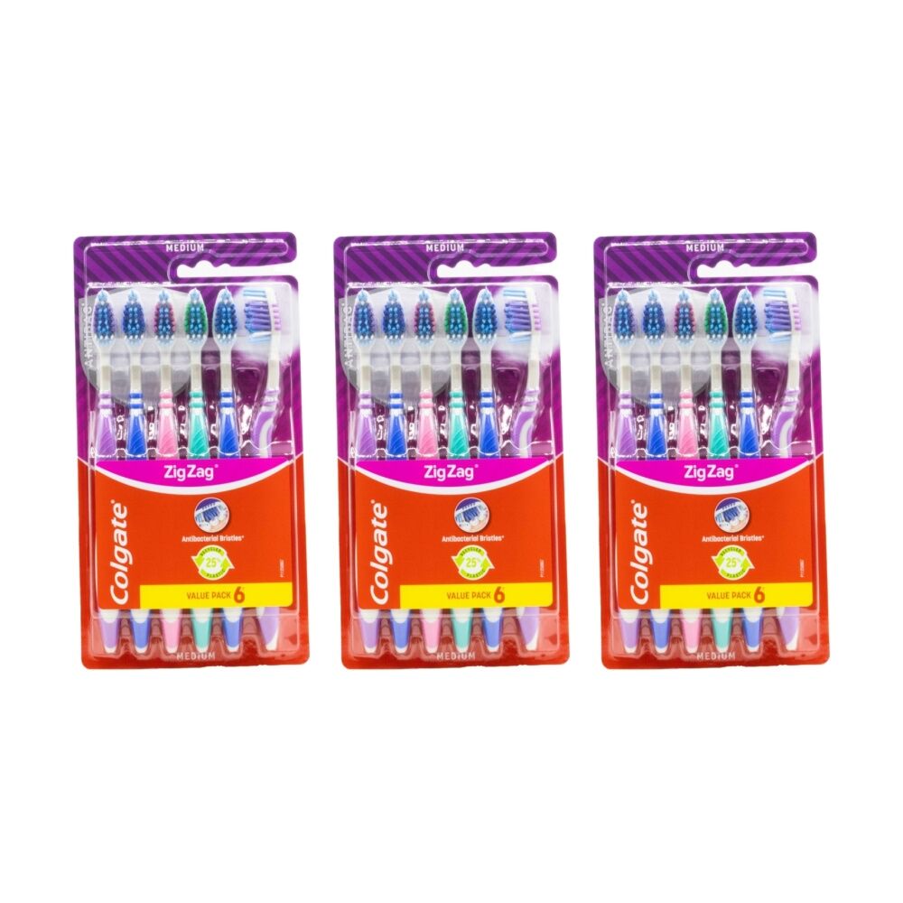 3x 6pc Colgate Zig Zag Antibacterial Bristles Toothbrushes Set Medium