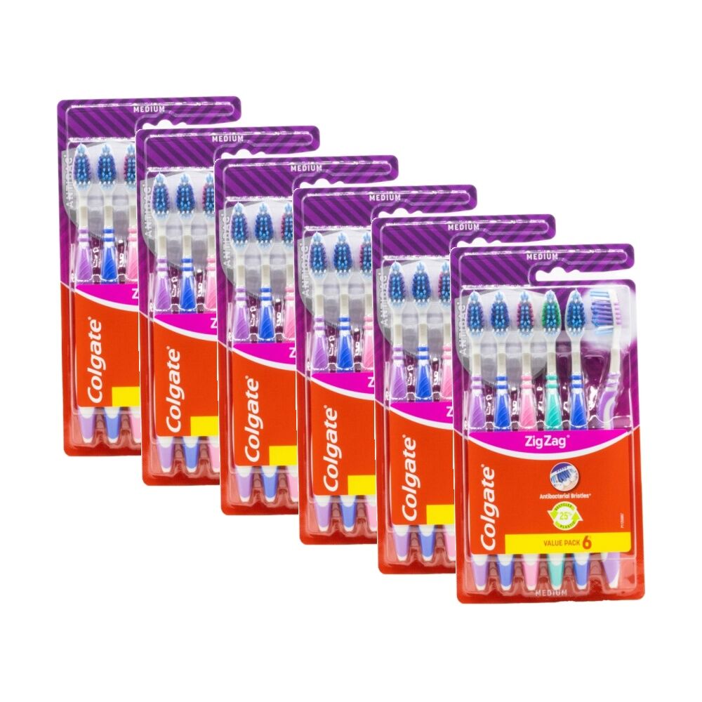 6x 6pc Colgate Zig Zag Antibacterial Bristles Toothbrushes Set Medium
