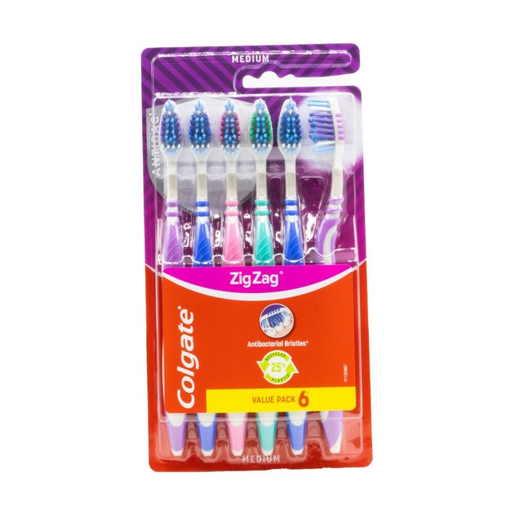 6x 6pc Colgate Zig Zag Antibacterial Bristles Toothbrushes Set Medium