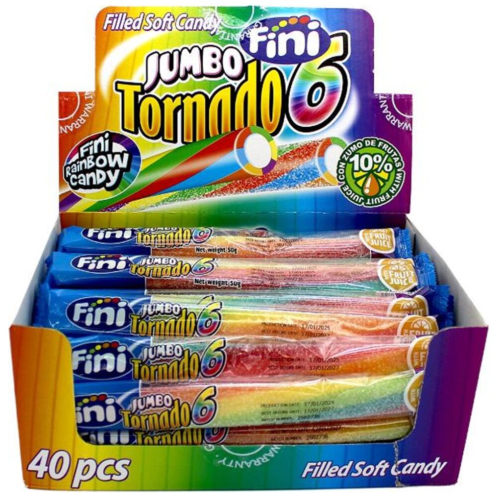 40PK Fini Sour Jumbo Tornado Bars 50g Soft Ranbow Lollies/Gummies