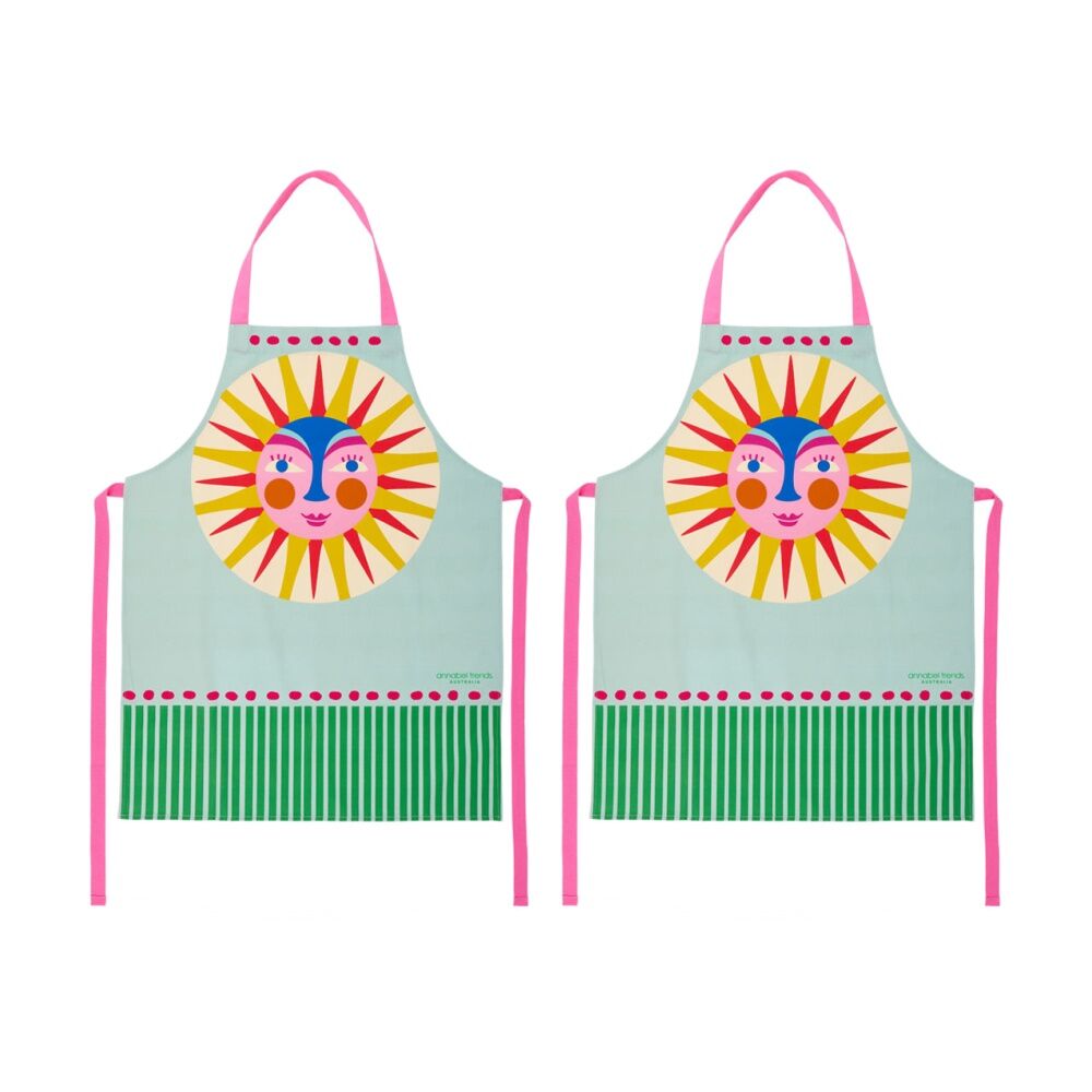 2PK Annabel Trends Green Kitchen Apron W/ Fiesta Sun Print 100% Cotton 60x78cm